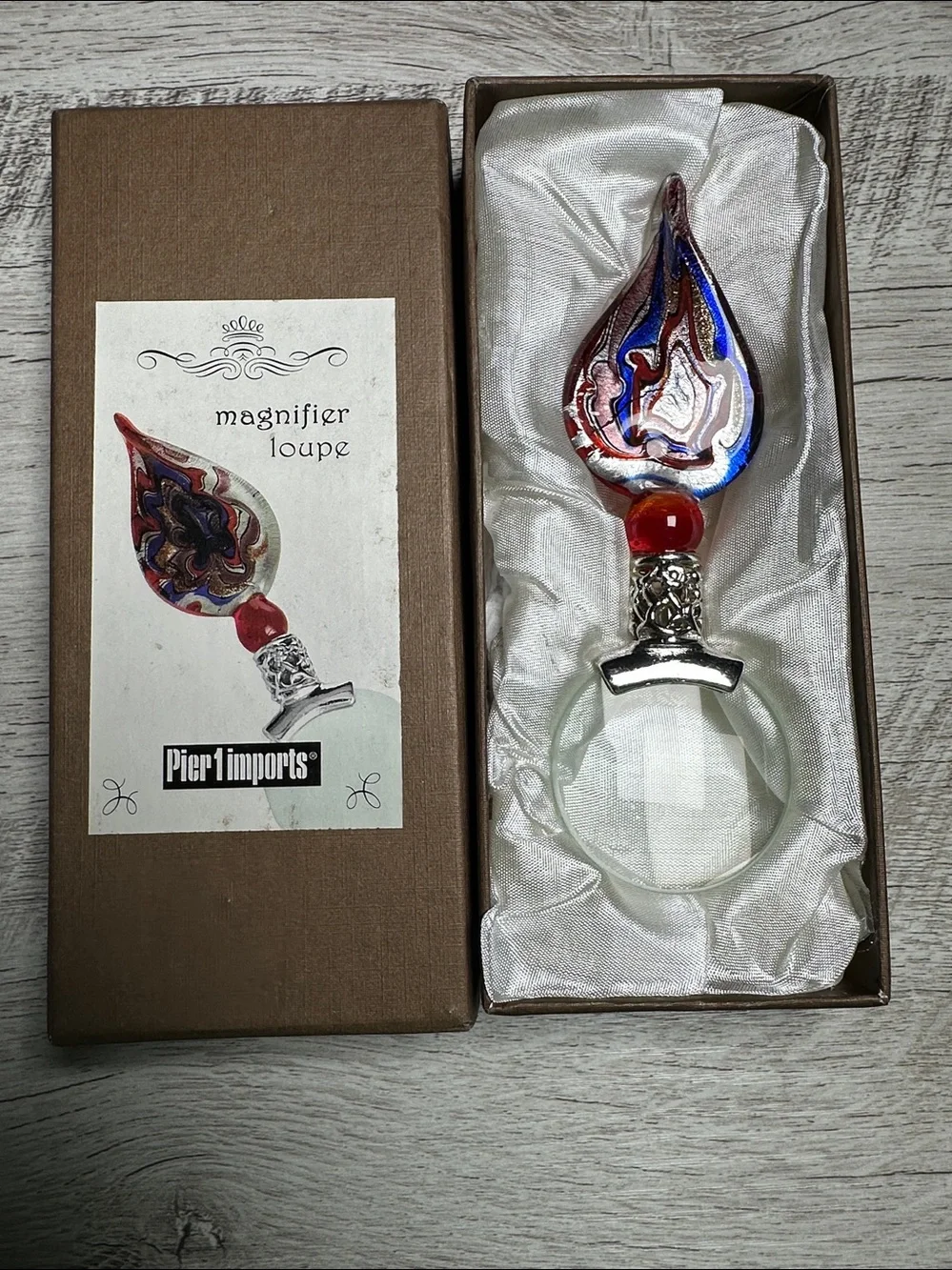 Vintage Pier 1 Blown Glass Magnifier Loupe~ Red, Blue, Silver Swirl - 5” in Box